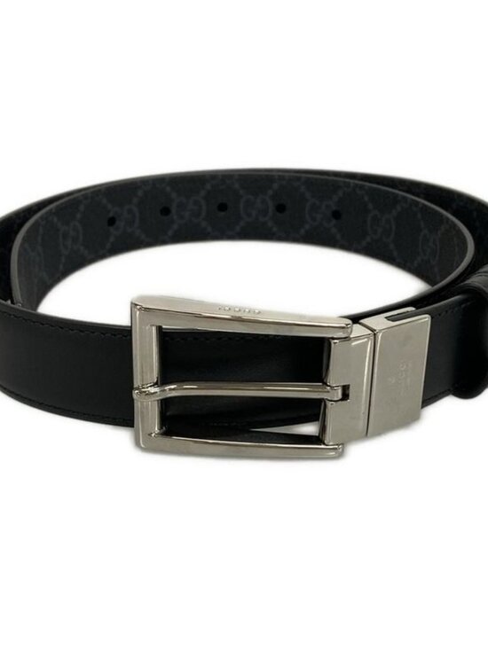Gucci Belt GG Supreme Black Gray Silver Reversible Square Buckle Leather main image 5